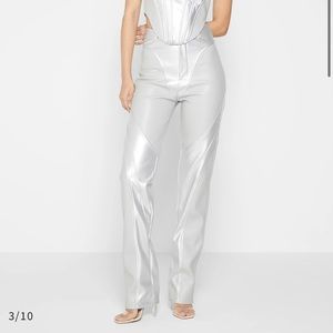VEGAN LEATHER METALLIC TROUSERS - SILVER
